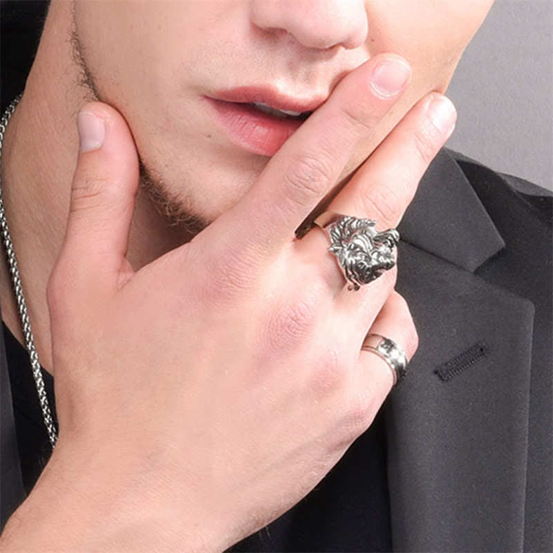 Stone of buddha Men's Animal Tiger Head Titanium Steel Balance Calm Punk Rock Biker Ring