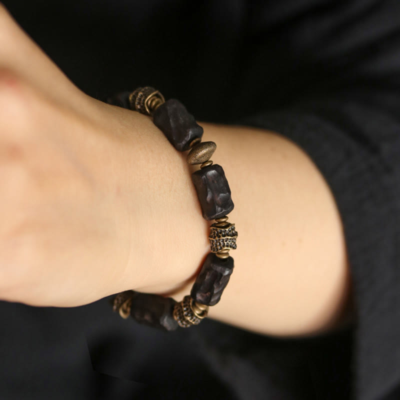Stone of buddha Tibetan Ebony Wood Copper Calm Peace Bracelet