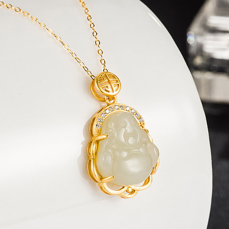 Stone of buddha 925 Sterling Silver Laughing Buddha Hetian White Jade Protection Necklace Pendant