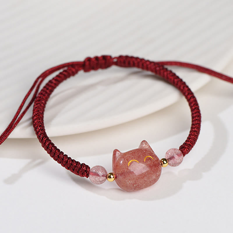 Stone of buddha Handmade Natural Silver Sheen Obsidian Strawberry Quartz Cute Cat Protection Braided Bracelet