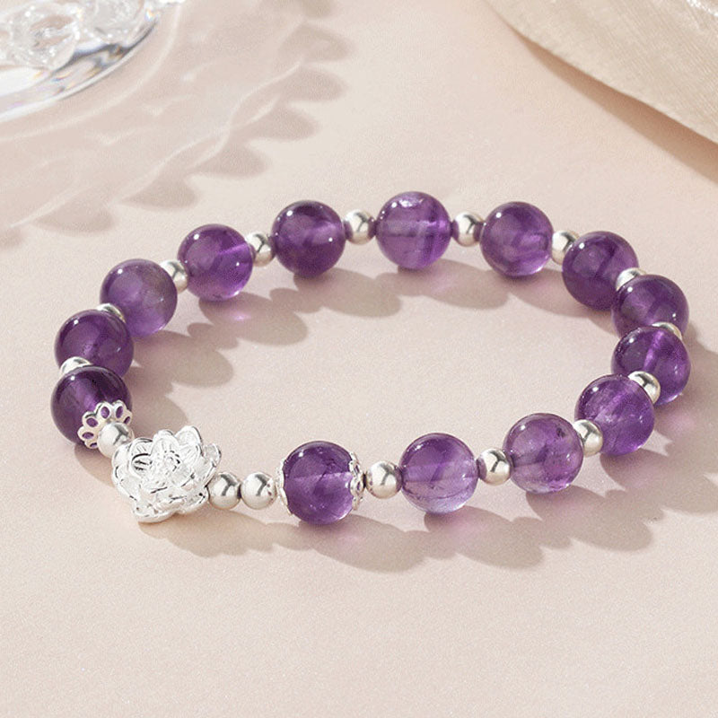 Stone of buddha 925 Sterling Silver Natural Amethyst Lotus Spiritual Bracelet