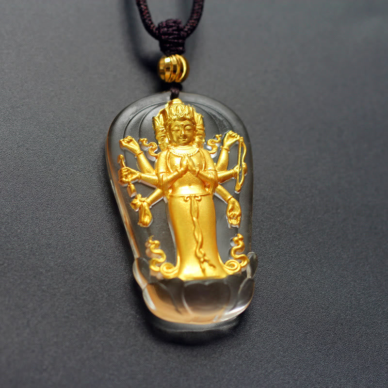 Stone of buddha Tibetan Eight-armed Avalokitesvara Guanyin Buddha Gold Plated Liuli Crystal Wealth Necklace Pendant
