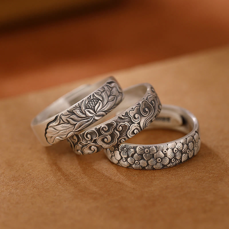 Stone of buddha 999 Sterling Silver Lotus Flower Plum Blossom Auspicious Clouds Engraved Enlightenment Ring