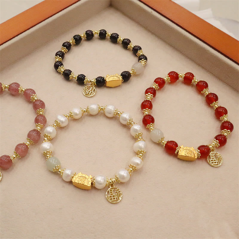 Stone of buddha Year Of The Dragon Red Agate Strawberry Quartz Black Obsidian Jade Garnet Pearl Cinnabar Dumpling Dragon Luck Fu Character Bracelet