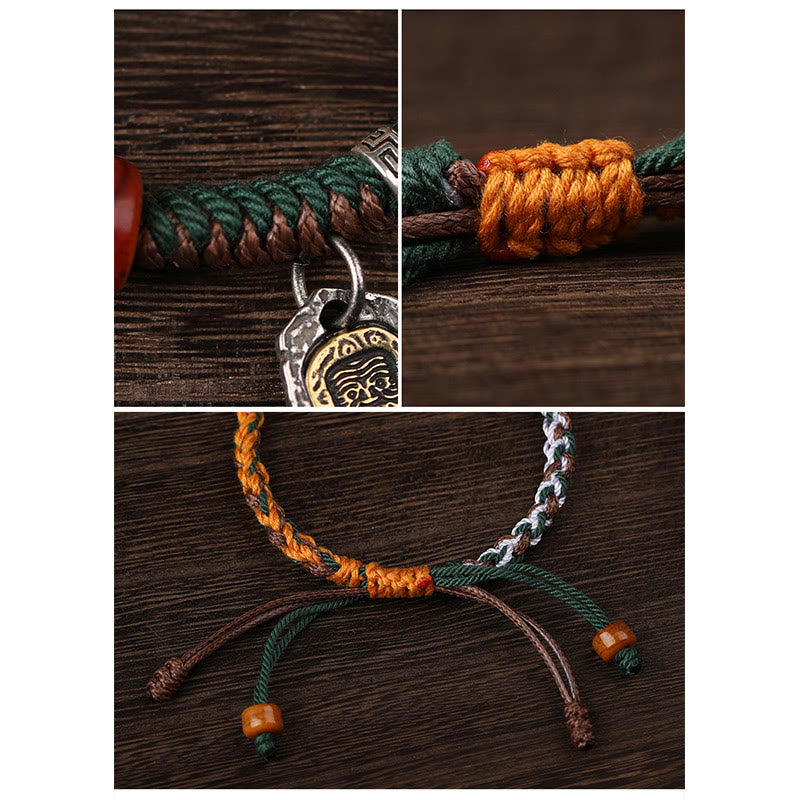 Stone of buddha Handmade Tibetan Silver 925 Sterling Silver Zakiram Goddess of Wealth Camel Bone Protection Braided Bracelet