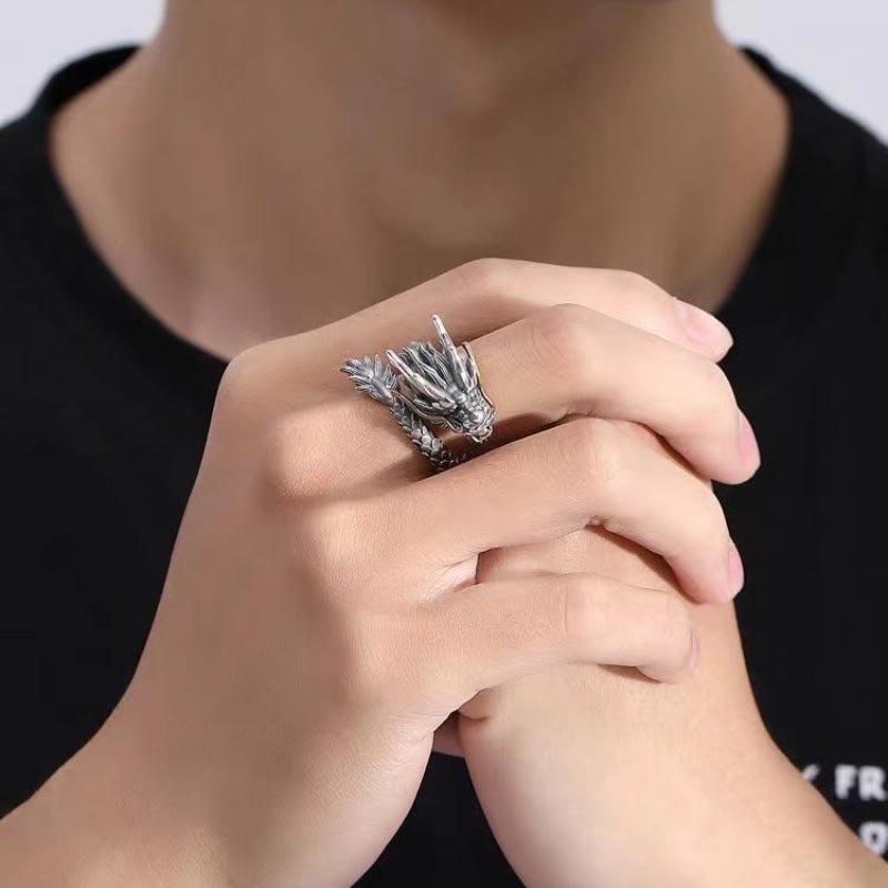 Stone of buddha 925 Sterling Silver Vintage Dragon Design Protection Strength Adjustable Ring