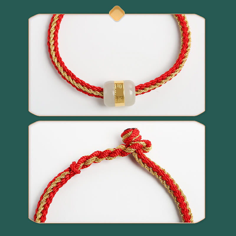 Stone of buddha 999 Gold Hetian White Jade Om Mani Padme Hum Fu Character Luck Braided Bracelet