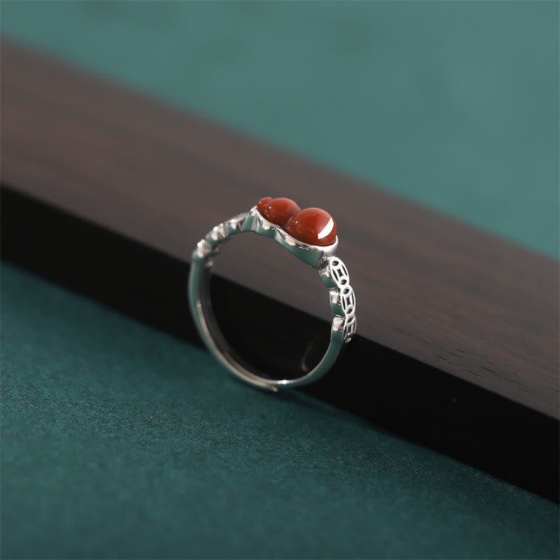 Stone of buddha 925 Sterling Silver Red Agate Gourd Copper Coin Self-acceptance Ring