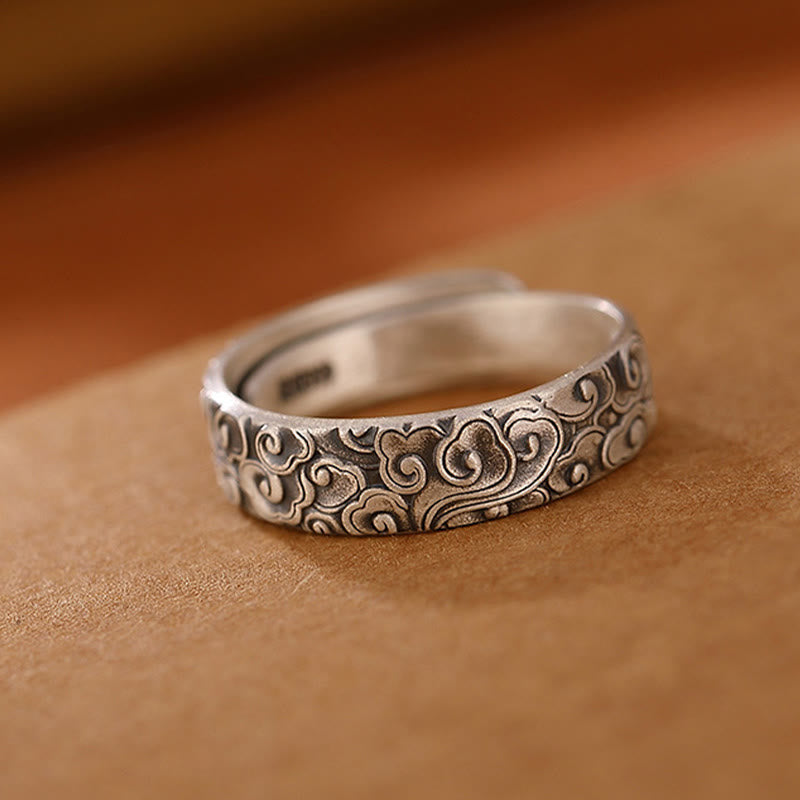 Stone of buddha 999 Sterling Silver Lotus Flower Plum Blossom Auspicious Clouds Engraved Enlightenment Ring