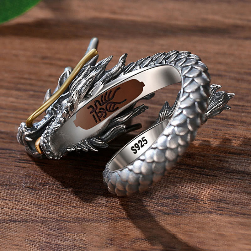 Stone of buddha 925 Sterling Silver Vintage Dragon Design Protection Strength Adjustable Ring