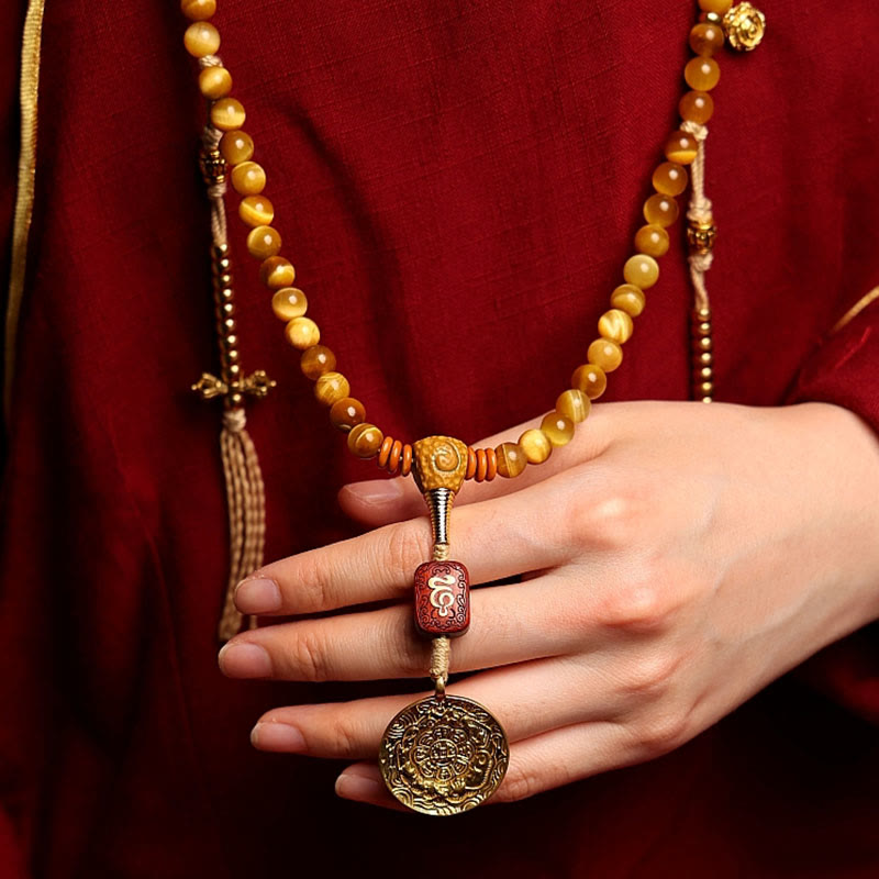 Stone of buddha 108 Mala Beads Natural Tiger Eye Copper Dorje Protection Tassel Bracelet