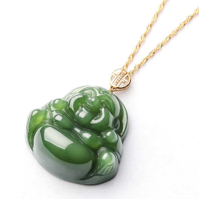 Stone of buddha 925 Sterling Silver Laughing Buddha Hetian Cyan Jade 18K Gold Success Necklace Chain Pendant