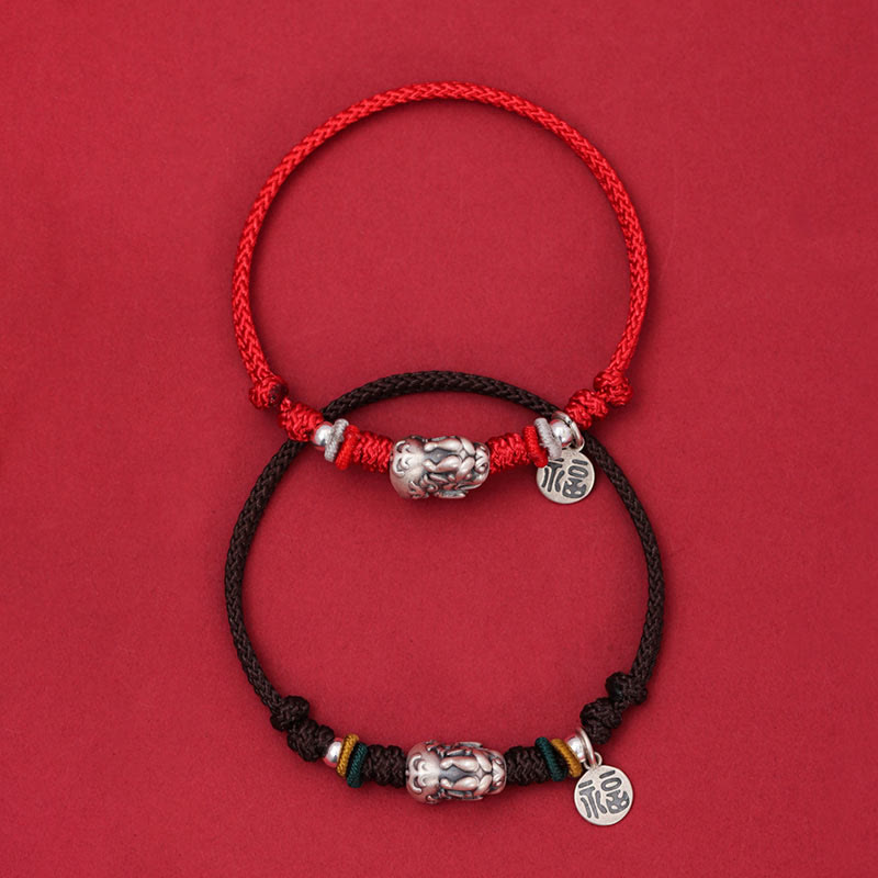 Stone of buddha 925 Sterling Silver PiXiu Fu Character Wealth Luck Handmade Braided Bracelet