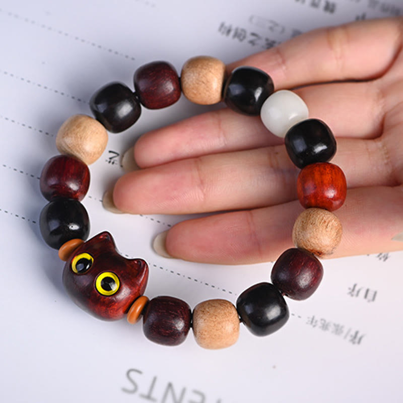 Stone of buddha Small Leaf Red Sandalwood Ebony Wood Cute Cat Engraved Protection Bracelet