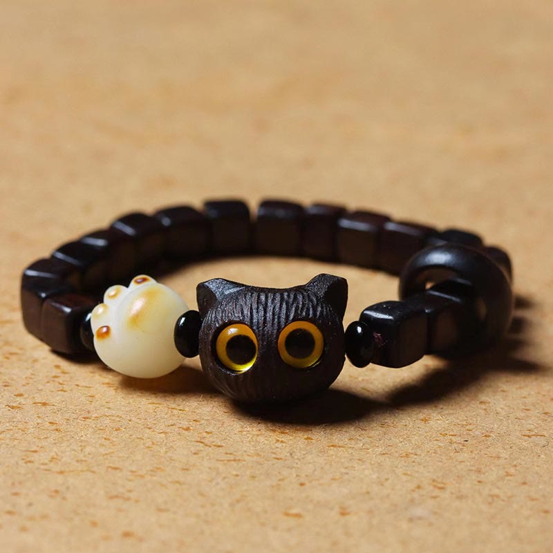Stone of buddha Ebony Wood Cute Cat Bodhi Seed Paw Claw Square Beads Calm Bracelet