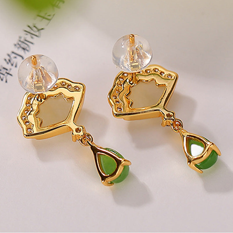 Stone of buddha White Jade Cyan Jade Fan Water Drop Pattern Luck Drop Earrings