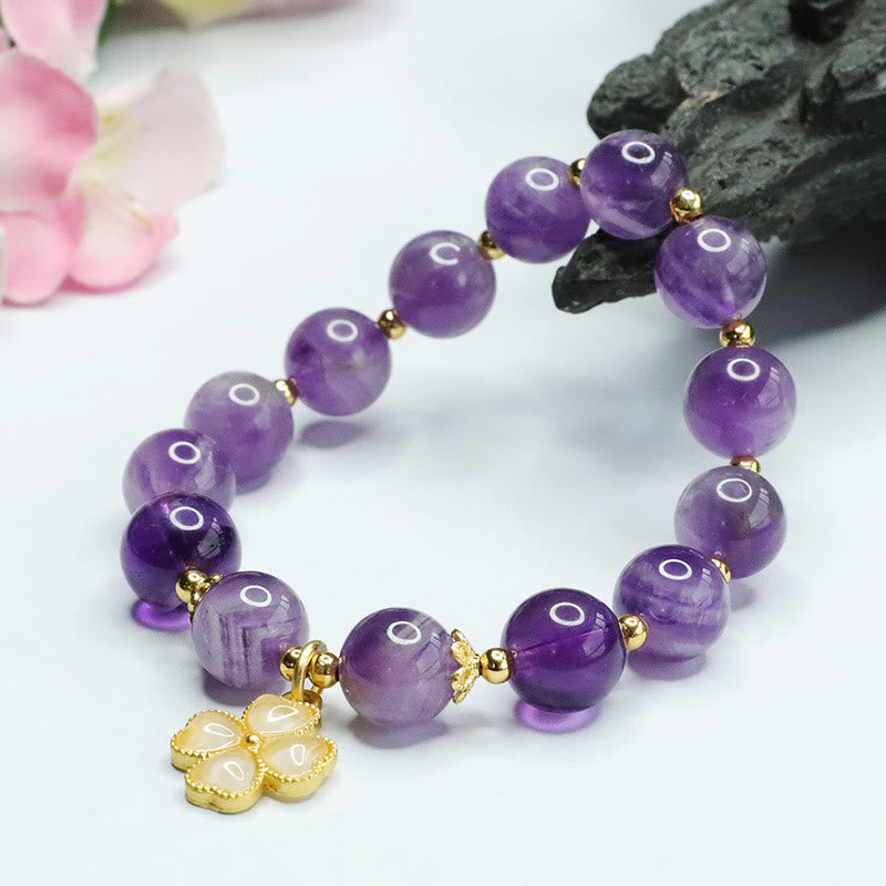 Stone of buddha Natural Amethyst Crystal Inner Peace Four Leaf Clover Charm Bracelet