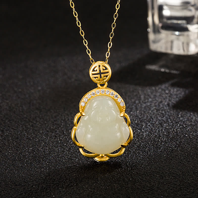 Stone of buddha 925 Sterling Silver Laughing Buddha Hetian White Jade Protection Necklace Pendant