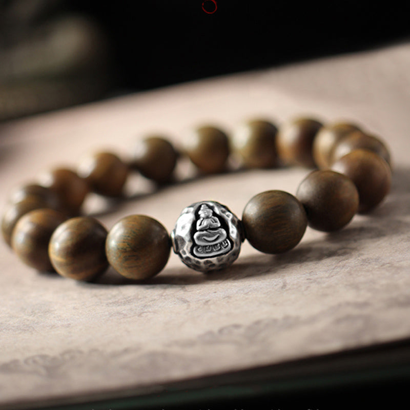 Stone of buddha 999 Sterling Silver Green Sandalwood Small Leaf Red Sandalwood Buddha Cure Bracelet