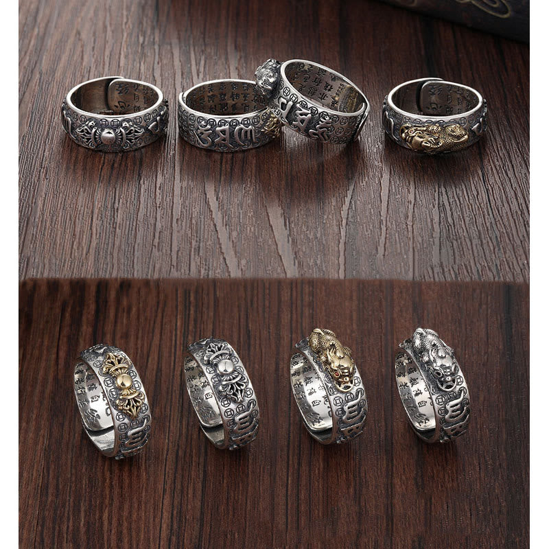 Stone of buddha Tibetan 990 Sterling Silver Om Mani Padme Hum PiXiu Dorje Vajra Heart Sutra Engraved Wealth Ring