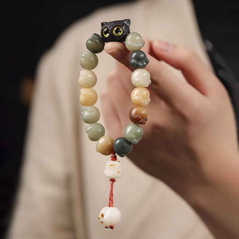 Stone of buddha Natural Bodhi Seed Lovely Paw Ebony Wood Lucky Cat Wisdom Bracelet