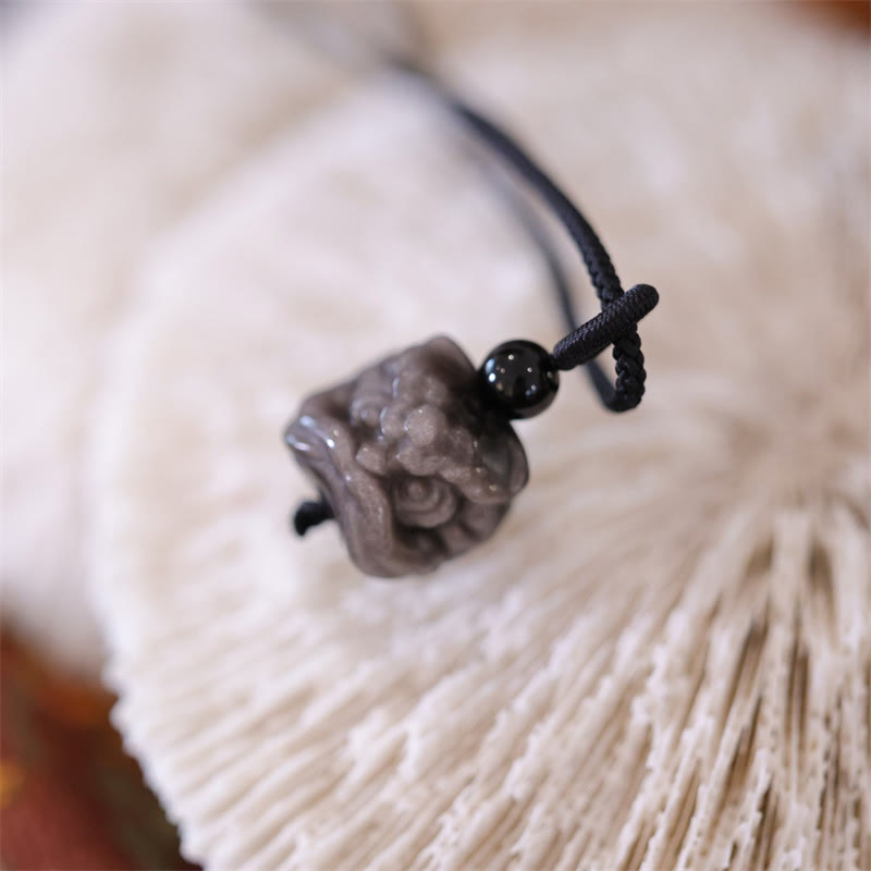Stone of buddha Natural Silver Sheen Obsidian Dancing Lion Protection Necklace Pendant