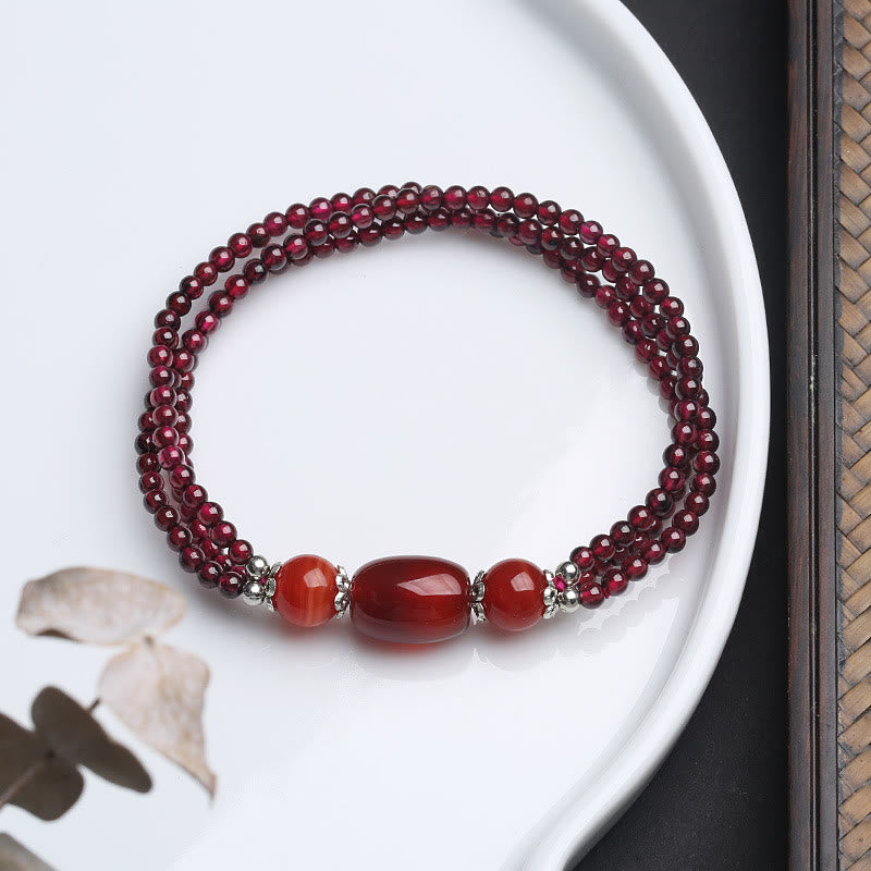 Stone of buddha Natural Garnet Red Agate Protection Triple Layer Bracelet