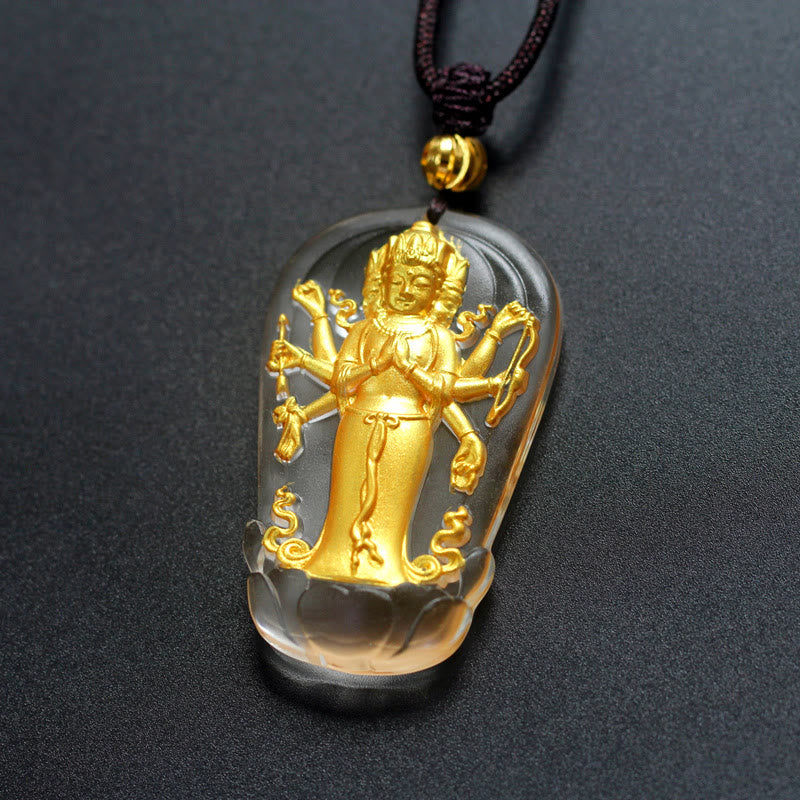 Stone of buddha Tibetan Eight-armed Avalokitesvara Guanyin Buddha Gold Plated Liuli Crystal Wealth Necklace Pendant