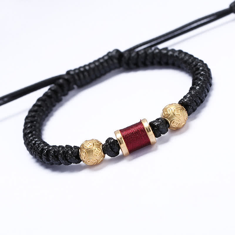 Stone of buddha 999 Sterling Silver Copper Coin Bead Copper Balance Braided String Bracelet