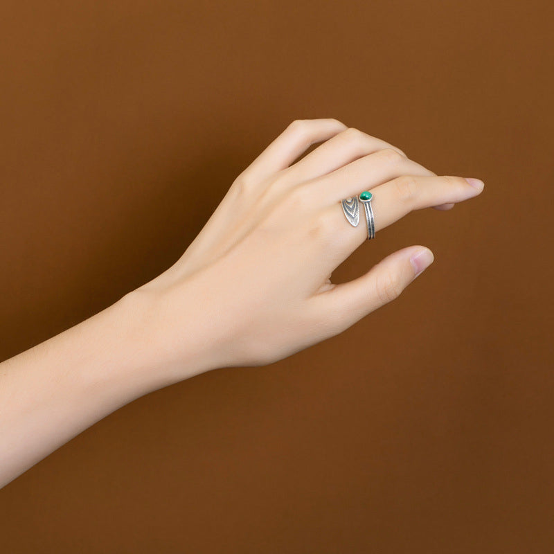 Stone of buddha 925 Sterling Silver Malachite Bead Feather Protection Ring
