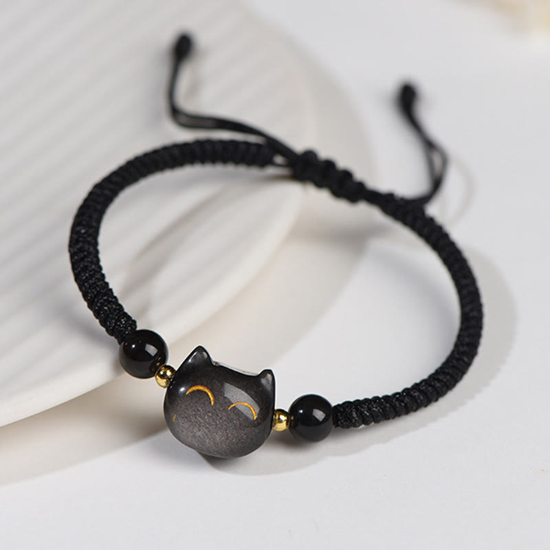 Stone of buddha Handmade Natural Silver Sheen Obsidian Strawberry Quartz Cute Cat Protection Braided Bracelet