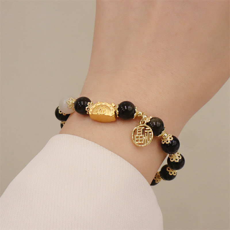 Stone of buddha Year Of The Dragon Red Agate Strawberry Quartz Black Obsidian Jade Garnet Pearl Cinnabar Dumpling Dragon Luck Fu Character Bracelet