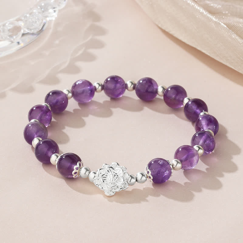 Stone of buddha 925 Sterling Silver Natural Amethyst Lotus Spiritual Bracelet