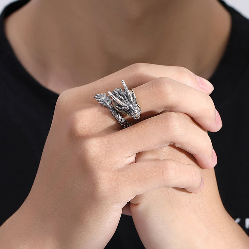 Stone of buddha 925 Sterling Silver Vintage Dragon Design Protection Strength Adjustable Ring