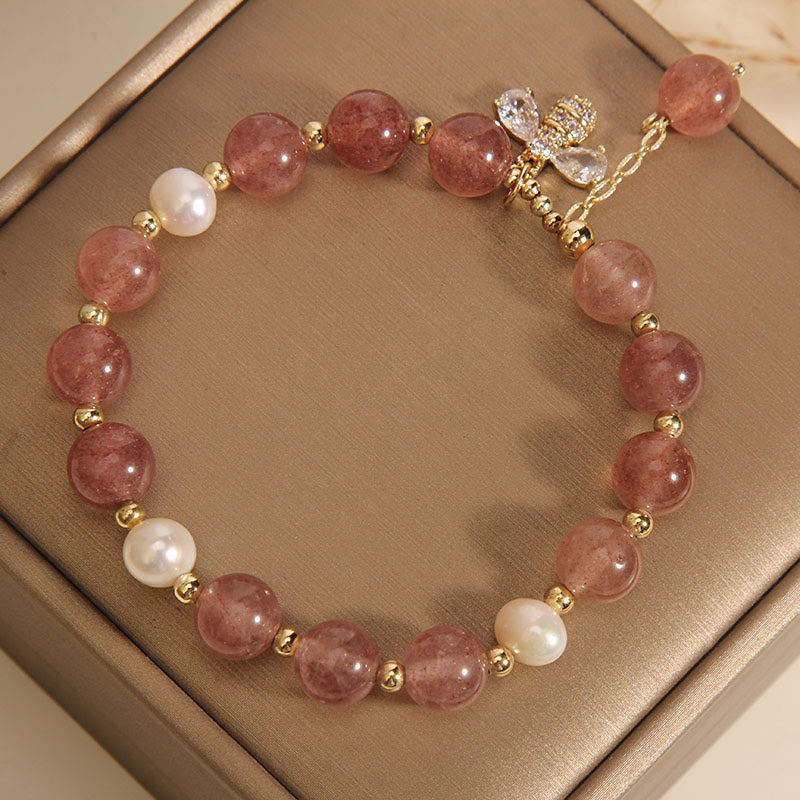 Stone of buddha Strawberry Quartz Pearl Cute Zircon Honeybee Positive Charm Bracelet