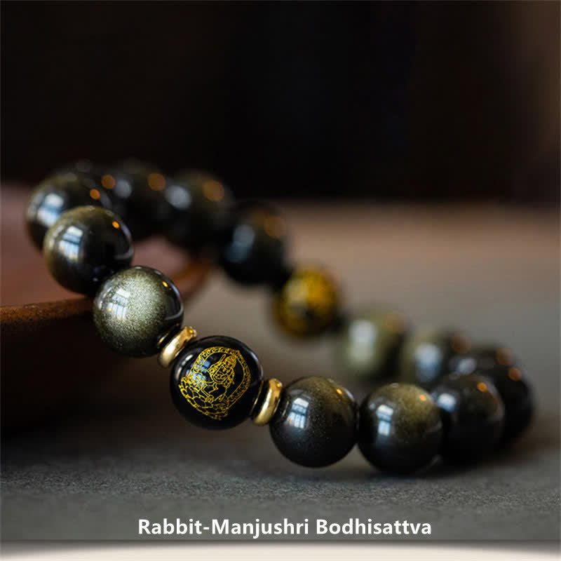 Stone of buddha Chinese Zodiac Natal Buddha Gold Sheen Obsidian Wealth Protection Bracelet