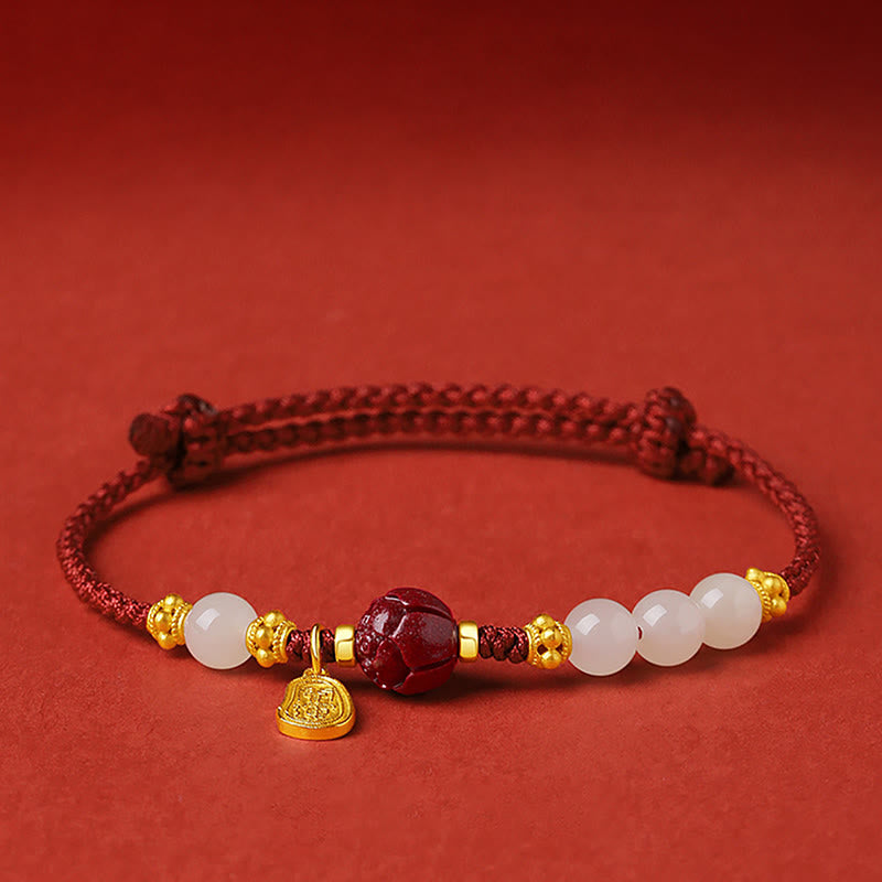 Stone of buddha 24K Gold Plated Hetian White Jade Cinnabar Lotus Luck Rope Bracelet