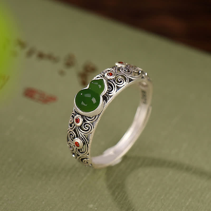 Stone of buddha 925 Sterling Silver Red Agate Cyan Jade Gourd Blessing Auspicious Ring