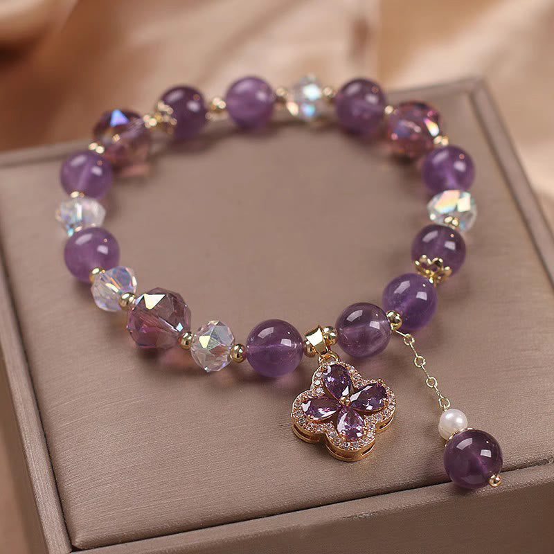 Stone of buddha Natural Amethyst Crystal Four Leaf Clover Spiritual Healing Bracelet
