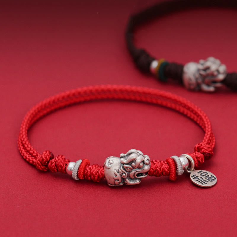 Stone of buddha 925 Sterling Silver PiXiu Fu Character Wealth Luck Handmade Braided Bracelet