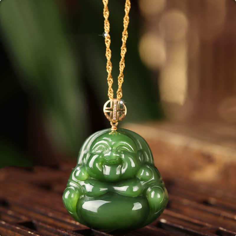Stone of buddha 925 Sterling Silver Laughing Buddha Hetian Cyan Jade 18K Gold Success Necklace Chain Pendant