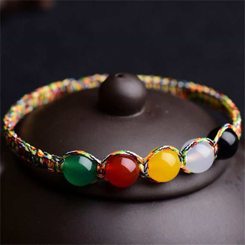 Stone of buddha Colorful Agate Metal Wood Water Fire Earth Five Elements String Bracelet