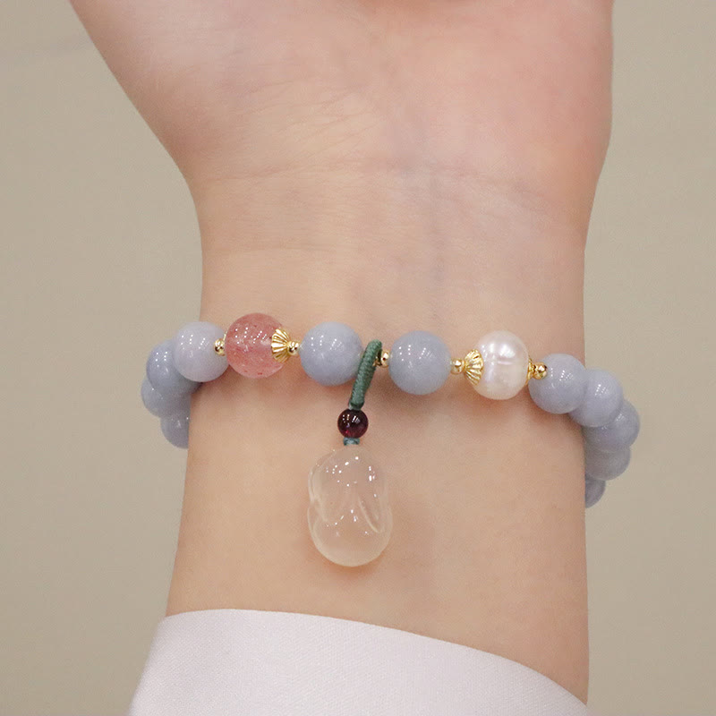 Stone of buddha Natural Aquamarine Chalcedony Serenity Rabbit Gourd Cat Charm Bracelet