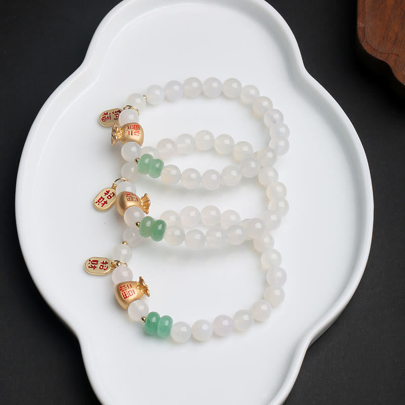 Stone of buddha Natural White Agate Red Agate Money Bag Fu Character Four Leaf Clover Protection Bracelet