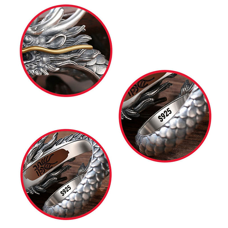Stone of buddha 925 Sterling Silver Vintage Dragon Design Protection Strength Adjustable Ring