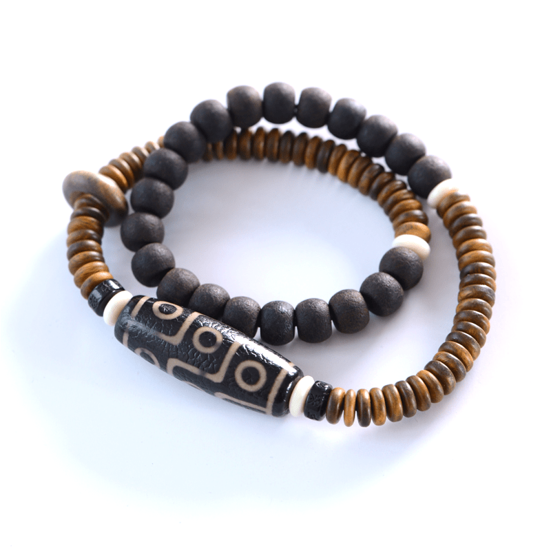 Stone of buddha Tibetan Nine-Eye Dzi Bead Green Sandalwood Ebony Wood Peace Double Wrap Bracelet