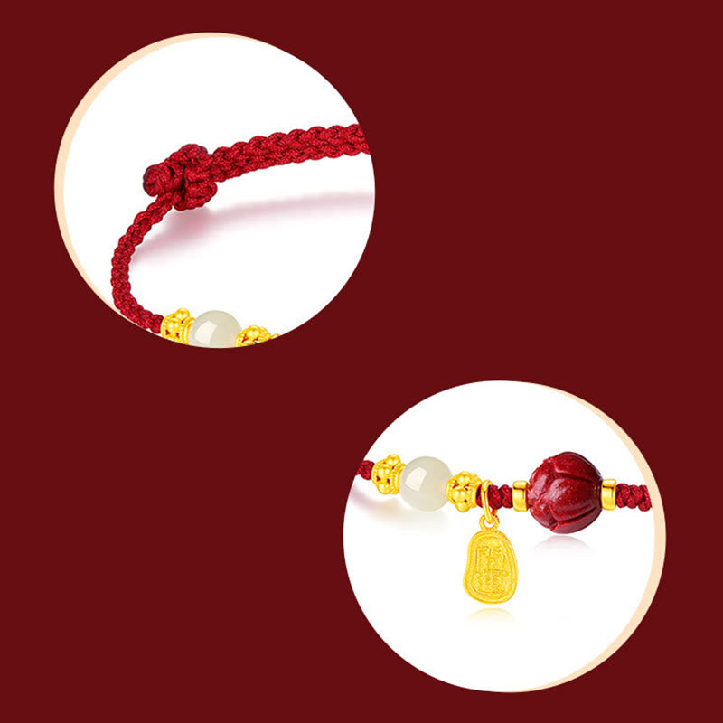 Stone of buddha 24K Gold Plated Hetian White Jade Cinnabar Lotus Luck Rope Bracelet
