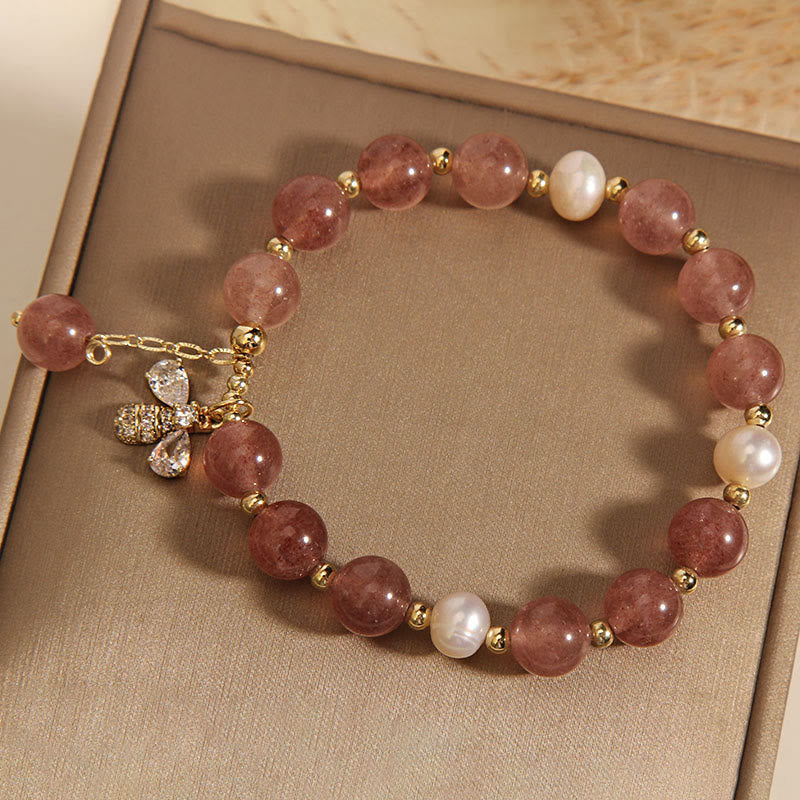Stone of buddha Strawberry Quartz Pearl Cute Zircon Honeybee Positive Charm Bracelet