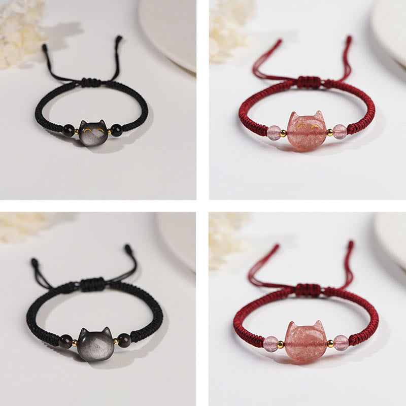 Stone of buddha Handmade Natural Silver Sheen Obsidian Strawberry Quartz Cute Cat Protection Braided Bracelet