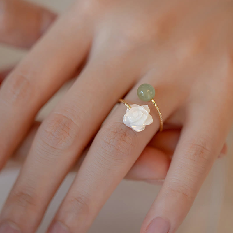 Stone of buddha 14K Gold Plated Tridacna Stone Rose Flower Jade Bead Blessing Ring